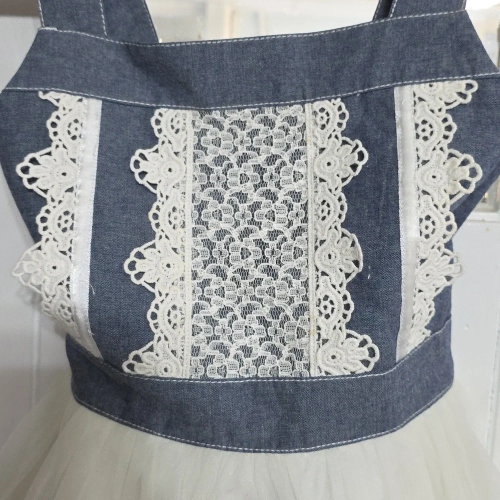 Bonnie‎ Jean Girls Chambray Denim Dress White Tulle Lace Ties Sz 14 EUC